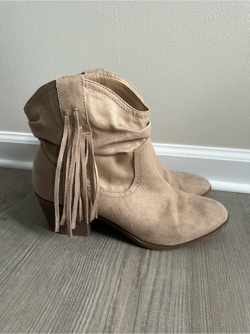 Rock & Candy Lenya Faux Suede Fringe Ankle Boots - Beige Size 10